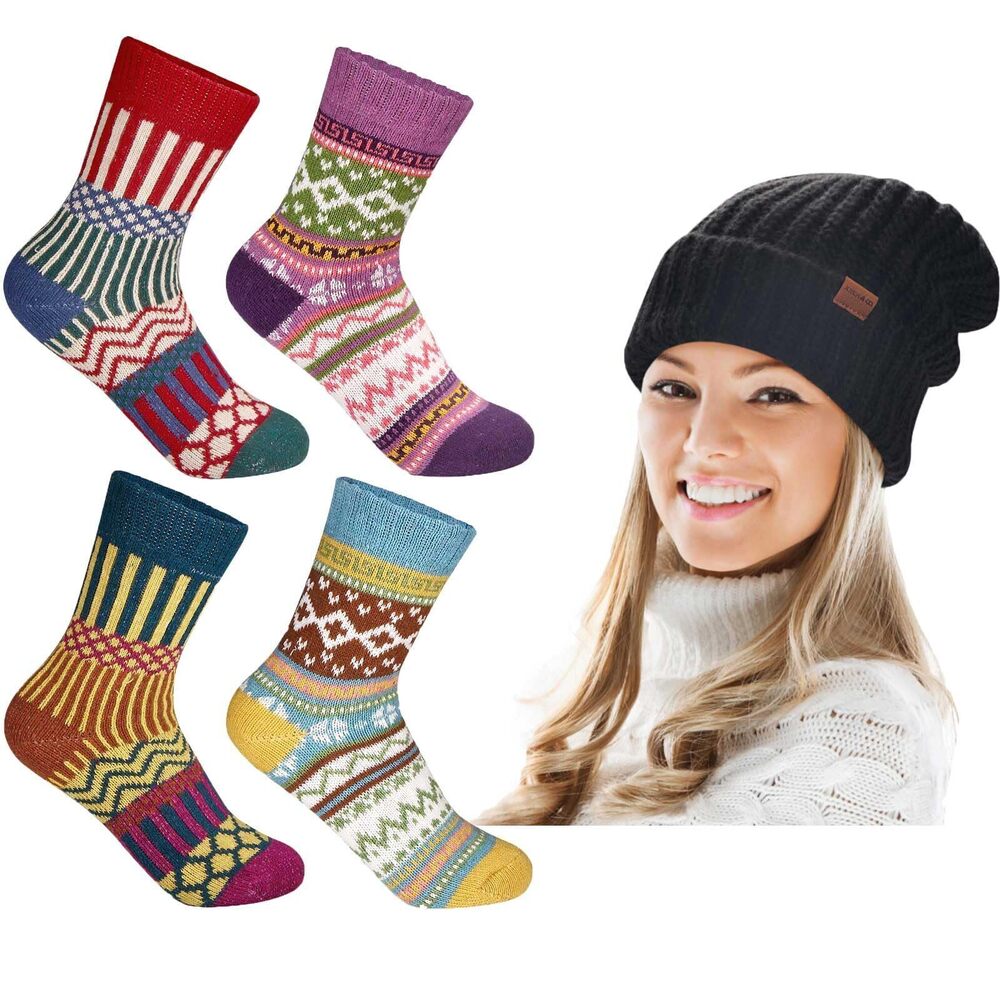 3009 Winter Warm Wool Socks and Slouchy Fall Beanie Hat Bundle Mix2 & Black